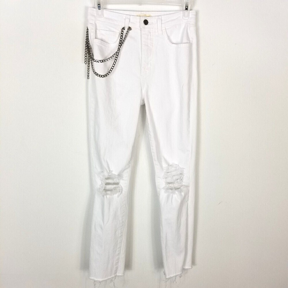 L'AGENCE‎ Women's White Chain Distressed Skinny Raw Hem Jeans 25